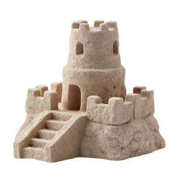Sandcastle with central tower and surrounding walls isolated on a transparent background