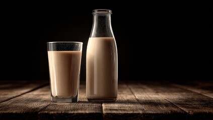 Glass and bottle of milk on wooden table.