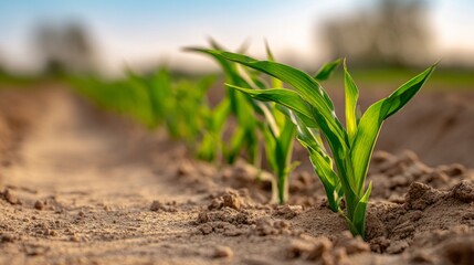 Field growing corn seedlings showing new life and agricultural produce in a spring field at sunrise
