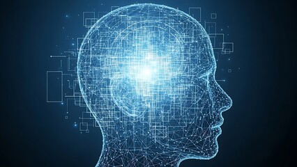 Obraz premium Digital human head with glowing brain.