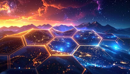Futuristic landscape with glowing hexagonal panels, mountains, and cosmic sky