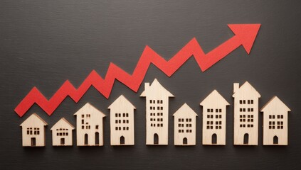 Housing market growth represented by wooden houses and rising red arrow.