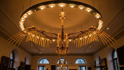 A majestic whale skeleton chandelier hangs from the ceiling in a grand, well-lit museum hall with arched windows