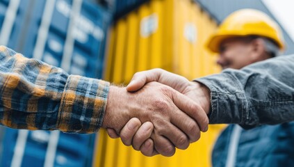 Two workers shaking hands in a construction site.