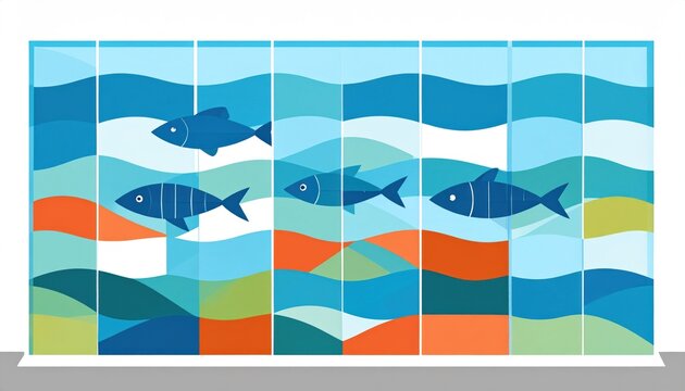Abstract, geometric mural with fish swimming in colorful ocean waves