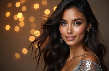Obraz premium Beautiful young latina woman with dark wavy hair smiles in studio. Soft bokeh lights and elegant dress create festive glamorous mood. Her makeup highlights natural beauty.