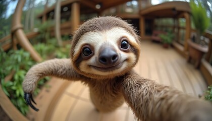 Obraz premium Baby sloth takes selfie photo with wide angle lens. Adorable small mammal with long arms smiles sweetly at viewer from tree house deck. Cute animal portrait.