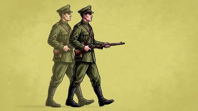 Historical infantry soldiers marching in parade uniform holding rifles