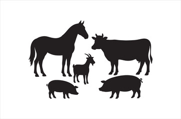 Obraz premium A black silhouette illustration depicting a horse cow goat pig and another piglet
