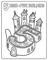 Kids Educational Coloring Page: Number 5 as a High-Five Building Castle Illustration