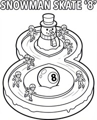 Snowman Skate Figure Eight Coloring Page - Winter Holiday Activity for Kids with Children Ice Skating