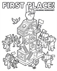 First Place Champions Coloring Worksheet for Kids | Cute Animals Celebrating Victory Activity Page
