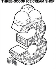 Creative Number 3 Ice Cream Shop Isometric Cutaway View. Black and White Line Art Illustration for Coloring or Business Concept.