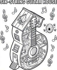 Six-String Guitar House: Creative Cutaway Illustration for Coloring Pages and Music Concepts