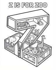 Z is for Zoo Alphabet Coloring Page. Educational ABC learning activity with cartoon animals like lion, elephant, and zebra for kids.