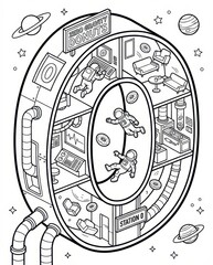 Zero Gravity Donut Shop on a Circular Space Station - Astronaut Coloring Page Line Art Illustration