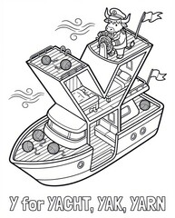 Letter Y Alphabet Coloring Page for Kids - Cute Yak Captain on a Yacht with Yarn