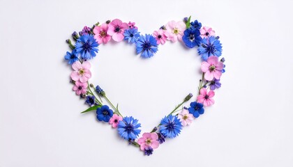 Obraz premium Heart shape formed by delicate blue cornflowers and pink blossoms on white background.