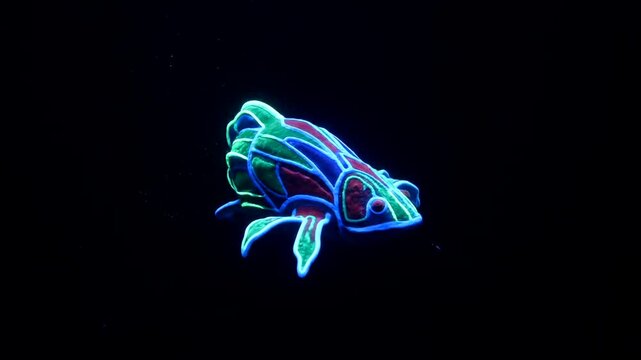 Glowing Neon Cuttlefish Swimming in Dark Ocean Water.