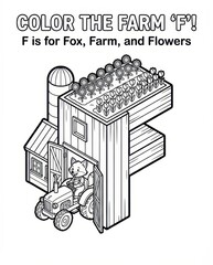 Letter F Coloring Page: Fun Farm and Fox Alphabet Activity for Kids. Educational printable worksheet for learning letters.