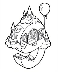 Fairytale Castle on a Cloud Island Shaped like Number Nine. Whimsical Line Art Vector with Cats and Balloon. Coloring Book Page.