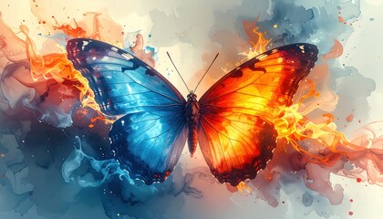 Vibrant butterfly, divided into halves of blue and orange, watercolor effect
