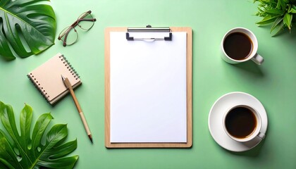 Overhead view Workspace with coffee, notepad, glasses, and clipboard