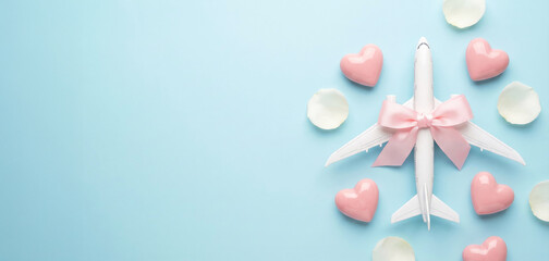 Banner with Airplane model with a pink ribbon and hearts and white rose petals on a light blue background for travel-themed celebrations, copy space
