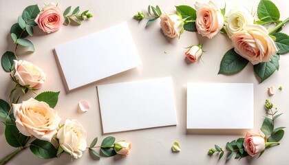 Blank cards with roses and foliage for a gentle, floral composition