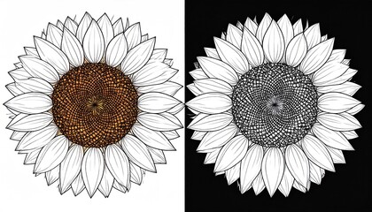 Detailed illustration of two sunflowers, color and grayscale, in contrasting backgrounds