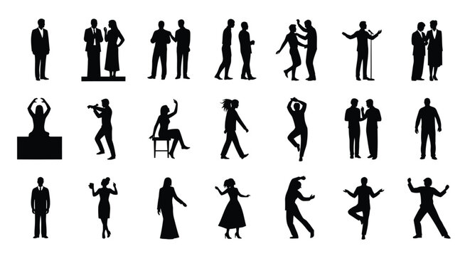 Collection of black silhouettes of people dancing and socializing in various poses and pairs on white background