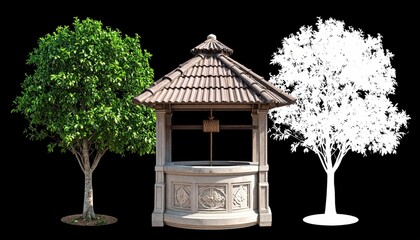 Stone well with trees on black background. One tree masked in white