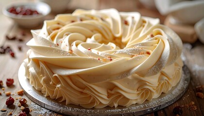 Elegant frosted cake with swirls, sprinkled with nuts and berries, on wood