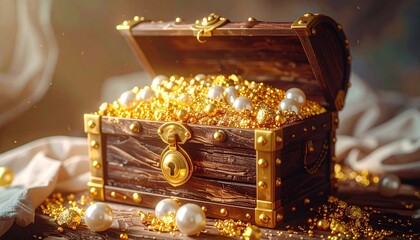 Wooden chest overflowing with gold and pearls, glowing with light