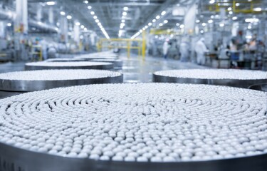 Rows of white objects on large round industrial production line.