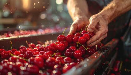 Close-up of hands sorting ripe cherries from a bin