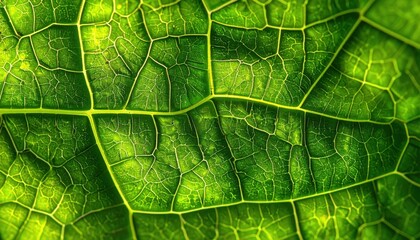 Close-up of a vibrant green leaf, showcasing intricate vein structure