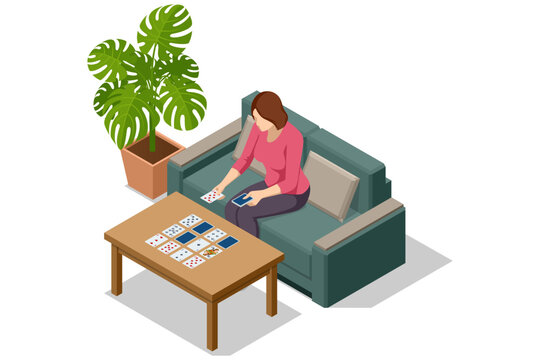 Solitaire card game. Isometric solitaire card game with woman at table. Home leisure and logic entertainment concept illustration for relaxation and hobby activity.