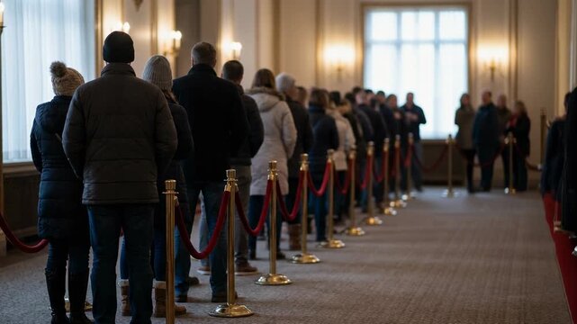 People waiting in a long indoor queue with red velvet ropes in a formal setting with soft lighting