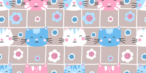 Seamless cute cat pattern with kawaii kitten faces, hearts, and soft gingham. Designed for nursery fabrics, baby wallpaper, and sweet gift wrapping © alia.kurianova