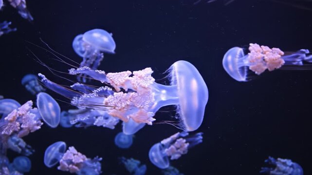 Soft jellyfish underwater marine ocean sea blue glowing swarm tentacle tranquil ethereal glow float dark water, graceful marine life group drift deep blue sea, glowing jellyfish swarm underwater