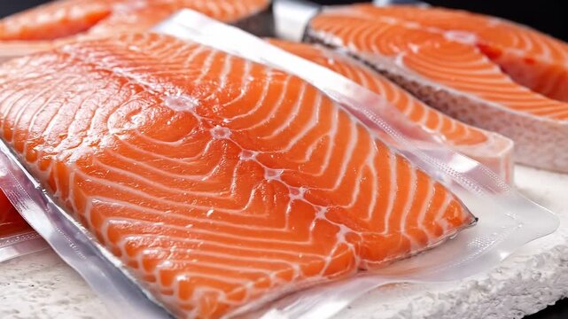 Close-up view of fresh salmon fillets ready for cooking and eating.