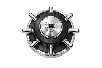 Close-up of a metallic safe dial with a textured black background and chrome accents