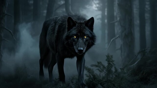Majestic black wolf with glowing eyes walking through dark misty forest at night