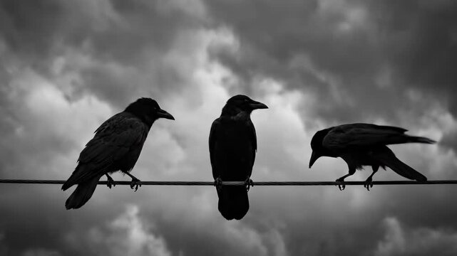 Three Silhouetted Crows Perched on a Wire Against a Dramatic Cloudy Sky, A Trio of Ravens in Silhouette on a Power Line with Stormy Clouds