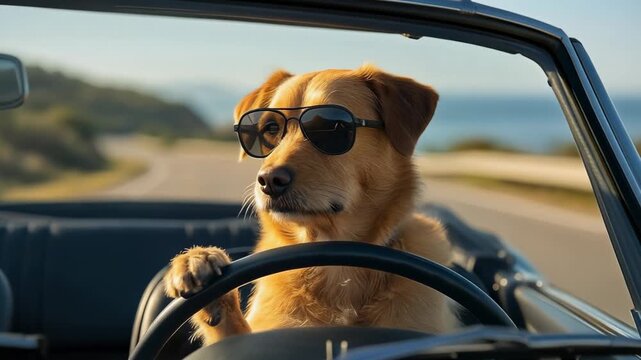 Cute golden retriever dog wearing sunglasses driving convertible car on sunny road trip