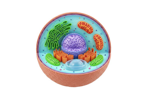 highly detailed 3d cutaway of a eukaryotic plant cell showing color-coded nucleus, chloroplasts, mitochondria, and large vacuole, scientific cgi render on transparent. concept of pedagogical