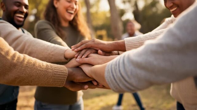 Diverse group of friends joining hands outdoors showing unity happiness and teamwork in nature