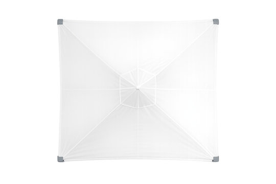 Top view of a white canopy tent frame with fabric stretched taut over the structure