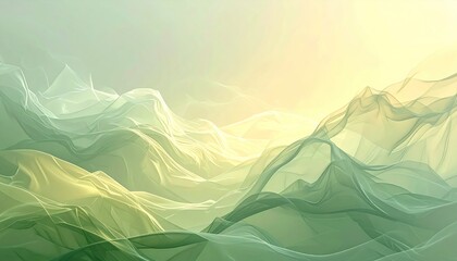 Abstract landscape depicts airy, flowing forms in shades of green and yellow